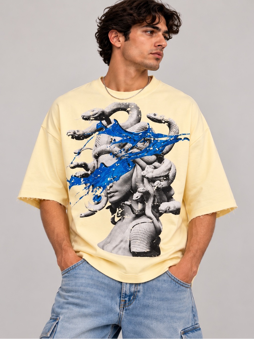 Men's Pale Yellow Graphic Short-Sleeve Tee with Blue Splash Print by
